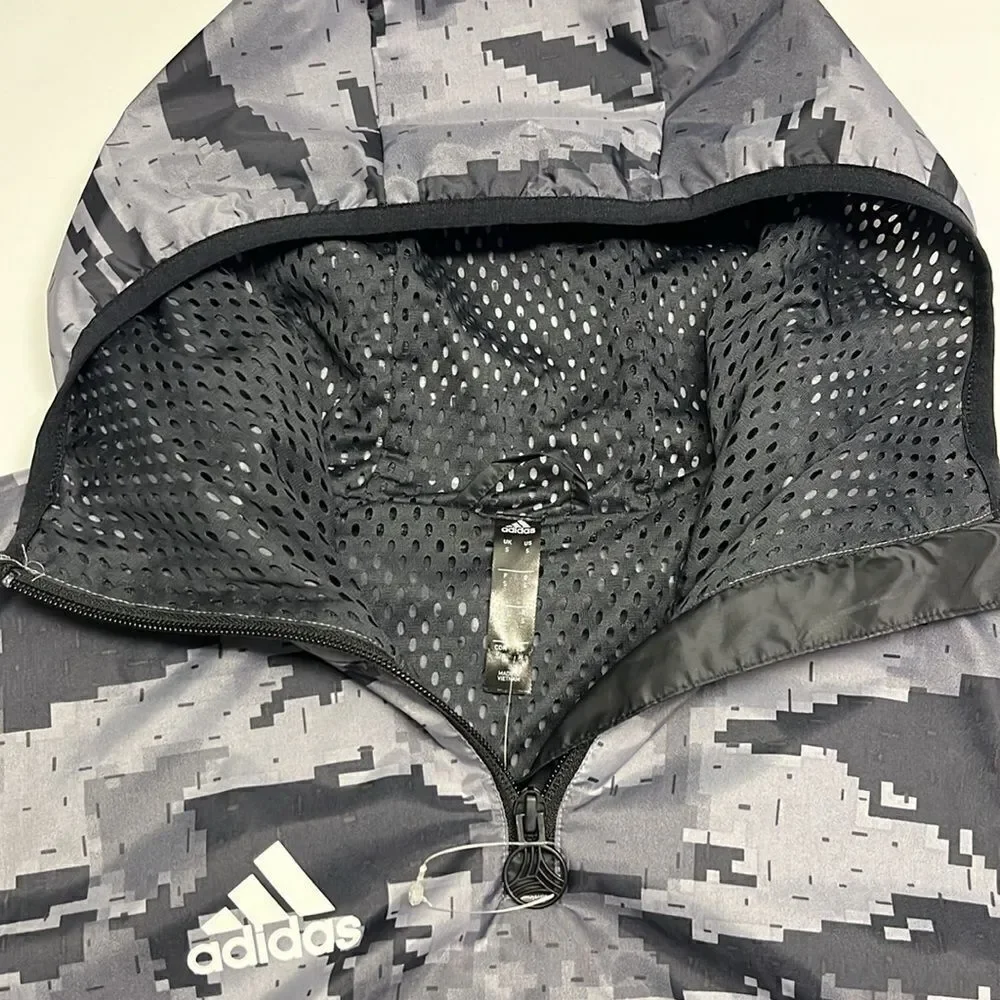 Adidas Black Pullover Camo Hooded Soccer Windbreaker with Longer Back Flap-Small
